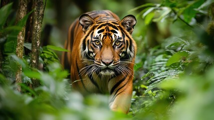 Obraz premium Sumatran Tiger Stealthily Navigating Through Jungle