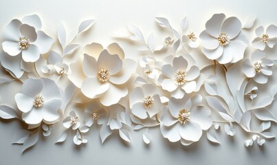 Delicate Paper Cut Decor with Blooming White Flowers on Light Background - Abstract Handmade Floral Art Composition, Generative AI