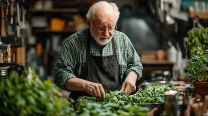 Fototapeta premium Elderly Gardener Harvesting Fresh Greens