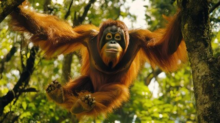 Obraz premium Sumatran Orangutan Swinging Through Rainforest Canopy