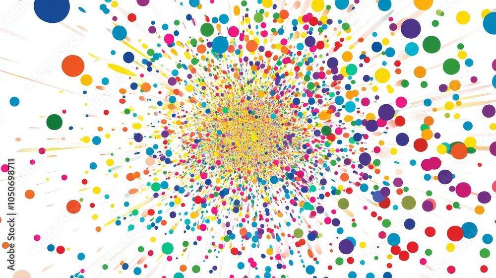 Poster A burst of colorful dots expanding outward from a central point, symbolizing the spreading influence and impact of inclusive actions and diverse contributions, minimalist style