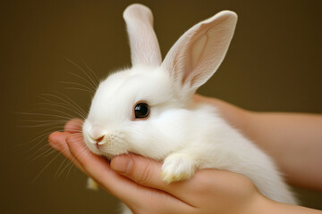 Fototapeta premium adorable white rabbit being petted 