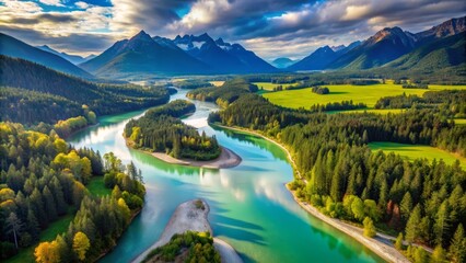 Isar river and mountain in summer landscape, Sylvenstein reservoir, Isarwinkel, Bavaria, Germany, Europe