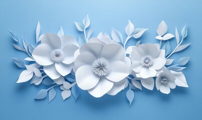 Elegant Paper Cut Flowers and Gypsum Plaster Blooming Composition on Blue Background for Origami Handmade Craft Art, Generative AI