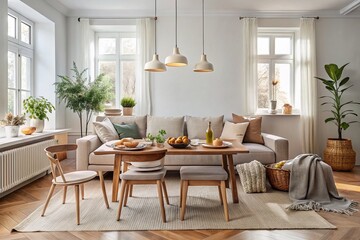 Fototapeta premium Scandinavian Home Interior with Cozy Sofa and Minimalist Food Arrangement for Elegant Dining Experience