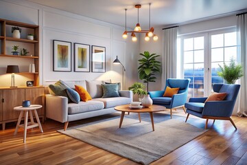 Fototapeta premium Scandinavian Living Room with White Sofa, Blue and Orange Armchairs, and Wooden Cabinet - Stylish Interior Design