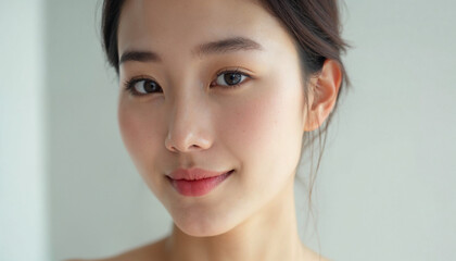 Naklejka premium A captivating close-up portrait of an Asian woman showcases her radiant beauty and confidence.