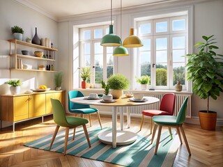 Fototapeta premium Scandinavian Modern Dining Room Interior with Round Table and Colorful Decor for a Bright and Fresh Atmosphere