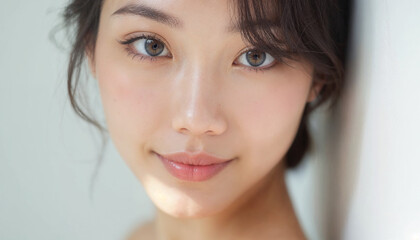Fototapeta premium A captivating close-up portrait of an Asian woman showcases her radiant beauty and confidence.