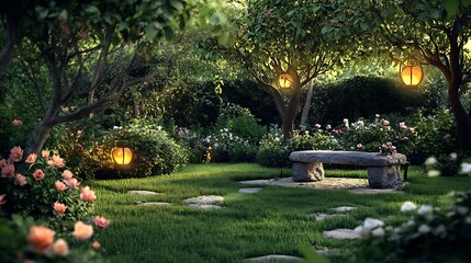 Fototapeta premium A tranquil garden at dusk, with softly glowing lanterns, blooming roses, and a stone bench surrounded by lush greenery