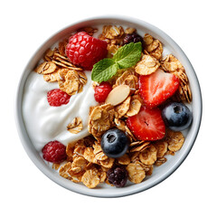Fototapeta premium Nutritious Almond-Based Cereal with Fresh Berries and Mint on a White Background