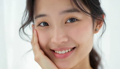 Naklejka premium A captivating close-up portrait of an Asian woman showcases her radiant beauty and confidence.