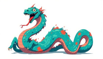 Whimsical Teal Cartoon Snake with Red Floral Design

