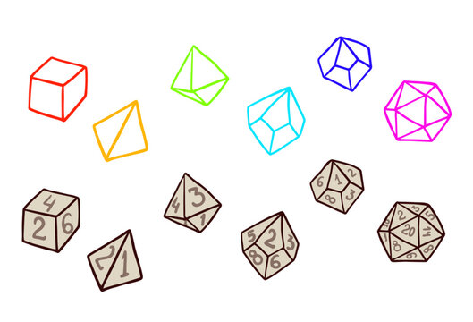 DND dice, set of tabletop board game. Adventure boardgame with d20 and d12 sticker. Cartoon sticker