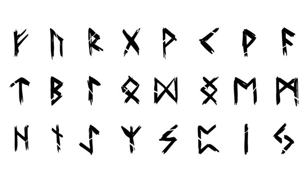 Scandinavian runes. Black letters on white background. Ancient occult Viking characters on white background, rune font. Set of old Norse Runic alphabet, Futhark