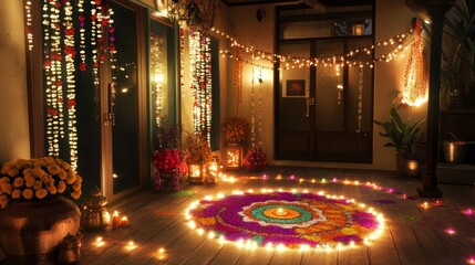 Obraz premium A vibrant entryway adorned with string lights and a colorful floral design