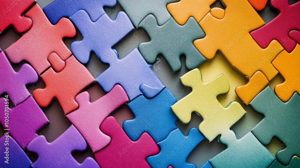 Poster A captivating visual of a series of differently colored and textured puzzle pieces coming together to form a complete image