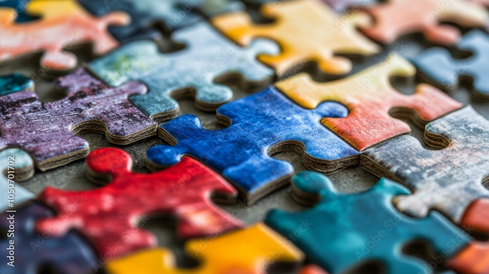 Poster A captivating visual of a series of differently colored and textured puzzle pieces coming together to form a complete image