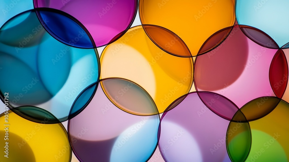 Aufkleber A cascade of overlapping circles in diverse colors, symbolizing the unity and harmony within diversity, photography style