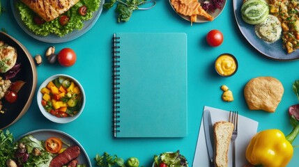 A casual restaurant menu book mockup featuring a simple cover design surrounded by vibrant dishes