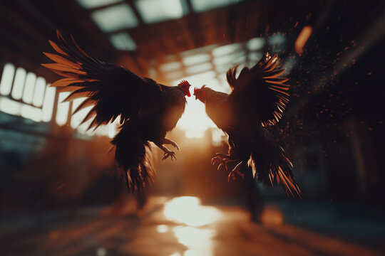 Intense Rooster Fight in Dramatic Lighting