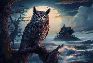 Owl in Front of a Full Moon Art