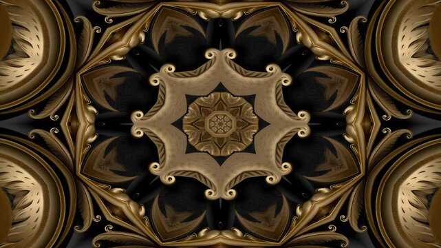 Symmetrical golden baroque ornament forms an intricate mandala pattern on a dark background.