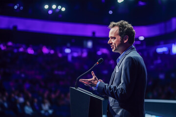 Corporate CEO delivering a keynote speech at a business conference, inspiring and motivating attendees with insights and vision for the future of their industry