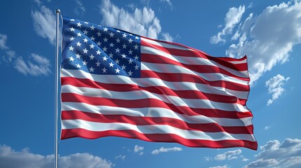 Obraz premium USA flag on cloudy sky background. Flag of America on flagpole. US flag next to sunny sky. Symbol of United States of America. Democracy, independence, election day. Patriotic symbol of American pride