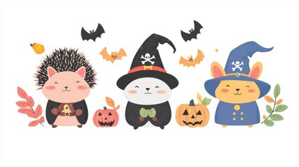 Fototapeta premium A cute illustration featuring playful animal characters in Halloween costumes with pumpkins and bats, perfect for festive decor.