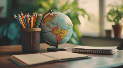 Globe  Notebook  Pencils  Desk  Education  Learning  Studying