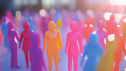 A cluster of 3D models representing diverse gender identities against a softly blurred fashion runway, Embodying inclusivity in haute couture, photography style