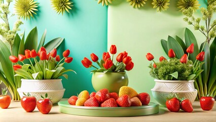 Red tulips and strawberries arranged in a still life with green and blue background.