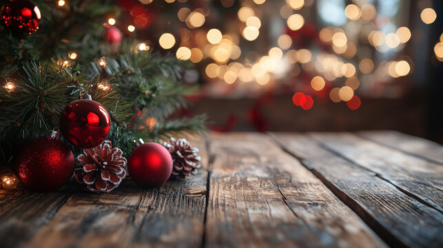 Christmas time and desk of free space for your decoration, with fireplace background, ad banner for text, products, presents or gifts, or message	