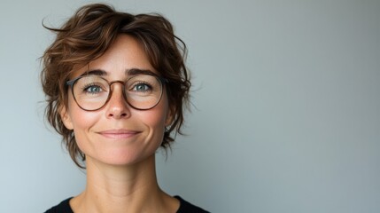 Fototapeta premium Smiling Woman with Glasses on Neutral Background