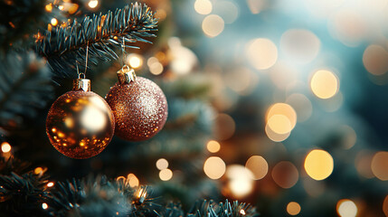 Beautiful Holiday Banner with Christmas balls and text space, bokeh background	