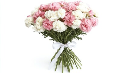 Obraz premium A bouquet of pink and white carnations tied with a simple ribbon, displayed on a white background, ideal for gifting on special occasions.
