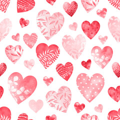 Seamless pattern with watercolor pink and red decorated hearts on white background