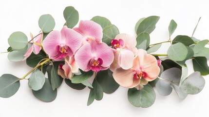 Naklejka premium A delicate bouquet of orchids and eucalyptus leaves, placed on a white background, symbolizing exotic beauty.