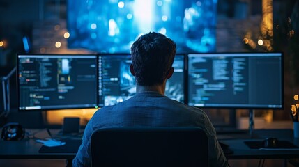 A video game developer testing gameplay, intense focus and high-tech setup