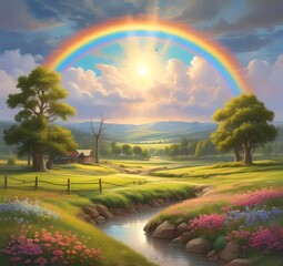 Obraz premium Illustration of landscape with rainbow.