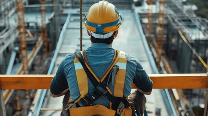 Fototapeta premium A construction worker contemplating the future of urban development from a heightened perspective