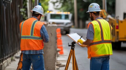 Construction workers analyzing site measurements in urban setting with safety gear