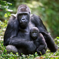 gorilla mum with baby, AI generated