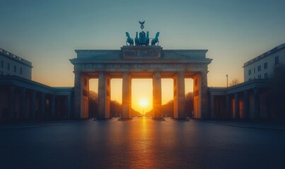 Obraz premium Sunrise at Brandenburg Gate in Berlin, Iconic Landmark with Historic Architecture, Tranquil Morning Gateway, Tourism Travel Destination, Germany Urban, Generative AI