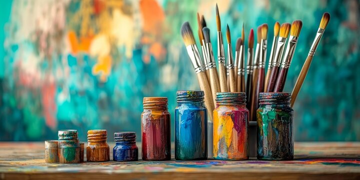 Colorful Painting Brushes and Paint Bottles on Wooden Table - Art Supplies for Creative Projects and Artistic Expression, Generative AI
