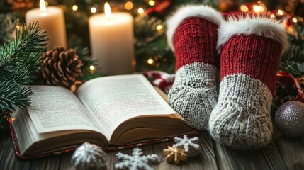 Cozy winter evening a book by the fire with festive decor and warm socks