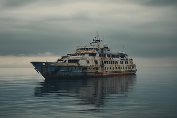 Obraz premium calm sea with a gloomy atmosphere, featuring a large abandoned tourist ship drifting on the water 