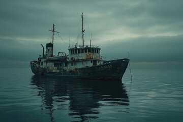 Fototapeta premium calm sea with a gloomy atmosphere, featuring a large abandoned tourist ship drifting on the water 