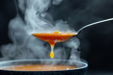 A spoon is scooping up a thick, steaming soup